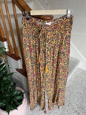 Cynthia Rowley Boho Yellow Floral Maxi Skirt with Tassel Tie